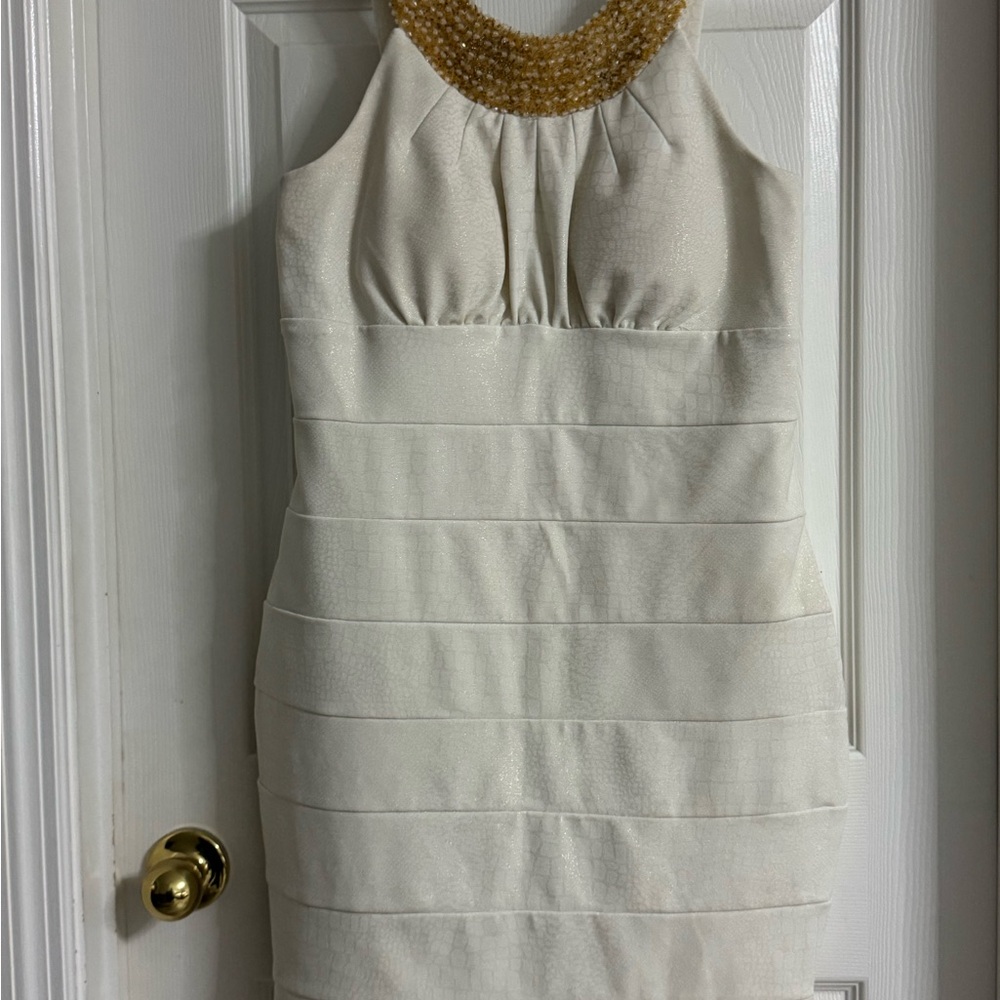 Chic White and Gold Halter Mini Dress